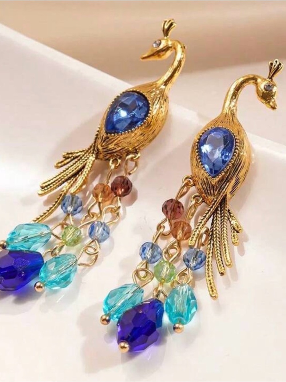 Gold Peacock Earrings with Blue and Teal Gems - Picture 4 of 7